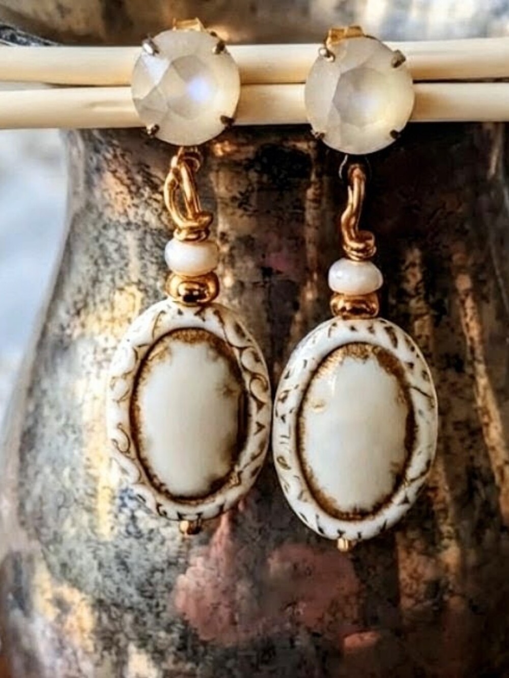 Victorian Ivory Cream & Swarovski Crystal In Gold Plated Cottagecore Earrings